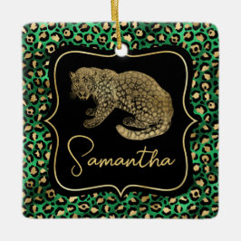 Ornamento De Cerâmica Luxo Estampa De Leopardo Verde Dourado Monograma A
