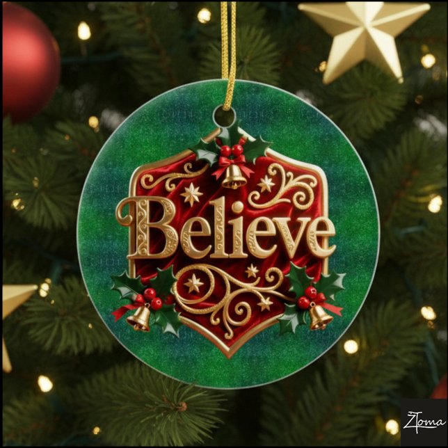 Ornamento De Cerâmica Luxury Red Velvet Gold  Christmas ( Believe ) (Criador carregado)