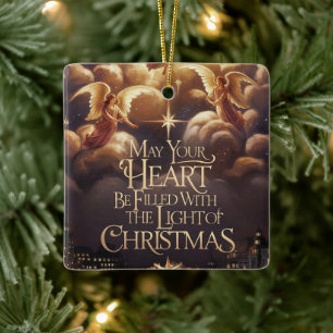 Ornamento De Cerâmica Luz de Natal Angelic Postcard Design