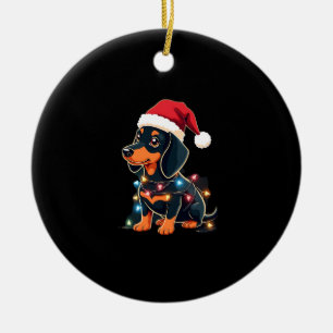 Ornamento De Cerâmica Luzes de Natal Dachshund Chapéu de Papai Noel Amor