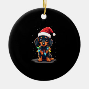 Ornamento De Cerâmica Luzes de Natal Dachshund Chapéu de Papai Noel Nata