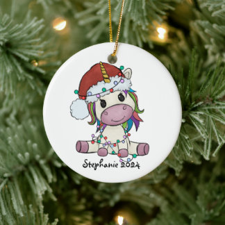 Ornamento De Cerâmica Luzes de Natal do Unicórnio