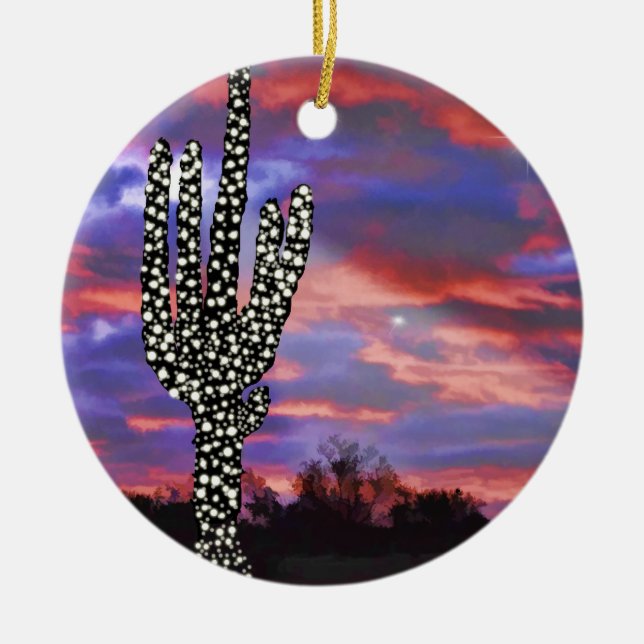 Ornamento De Cerâmica Luzes de Natal no Desert Saguaro Cactus (Frente)