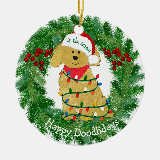 Ornamento De Cerâmica Luzes de Natal personalizadas Goldendoodle (Frente)
