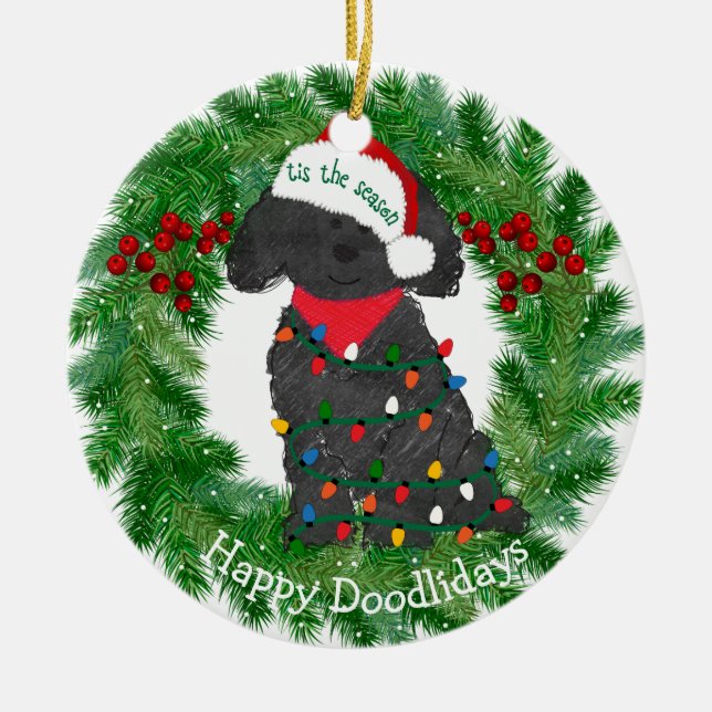 Ornamento De Cerâmica Luzes de Natal personalizadas Labradoodle (Frente)