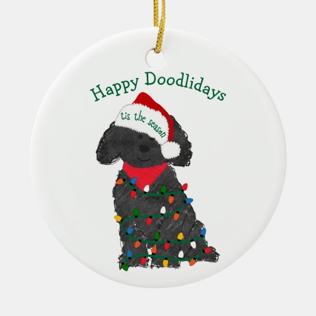 Ornamento De Cerâmica Luzes de Natal personalizadas Labradoodle (Frente)