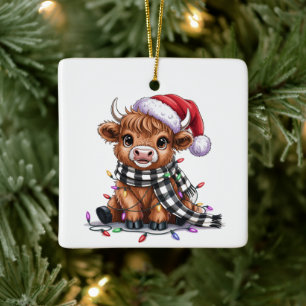 Ornamento De Cerâmica Luzes de Natal Vaca das Terras Altas Chapéu de Pap