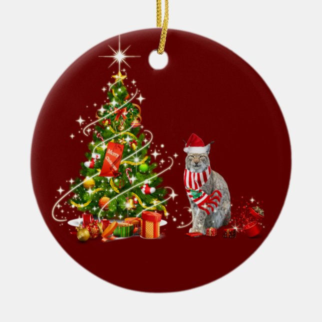 Ornamento De Cerâmica Lynx com Hat Scafts Natal (Frente)