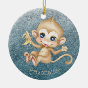 Ornamento De Cerâmica Macaco-Bebê-Cachorro Banana Azul Personalização