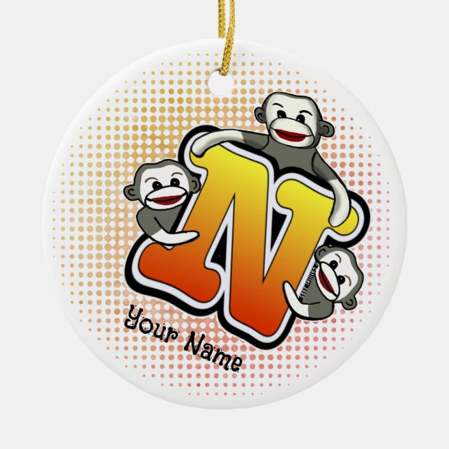 Ornamento De Cerâmica Macaco de Meia com Monograma N  (Frente)