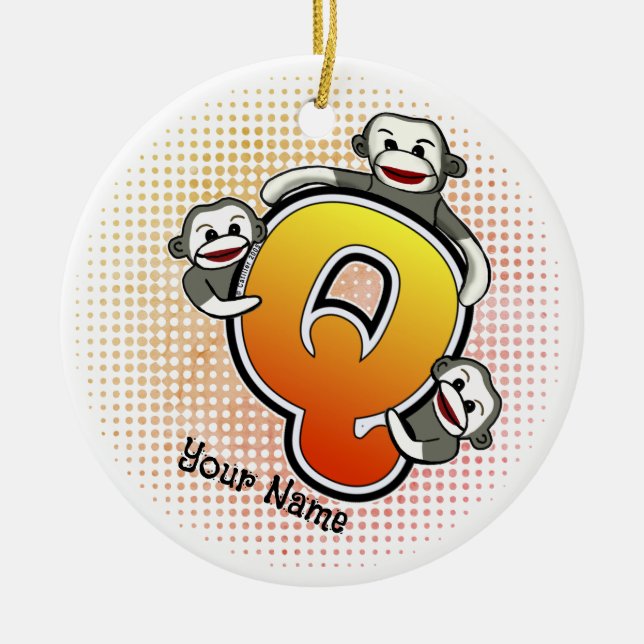 Ornamento De Cerâmica Macaco de Meia com Monograma Q (Frente)