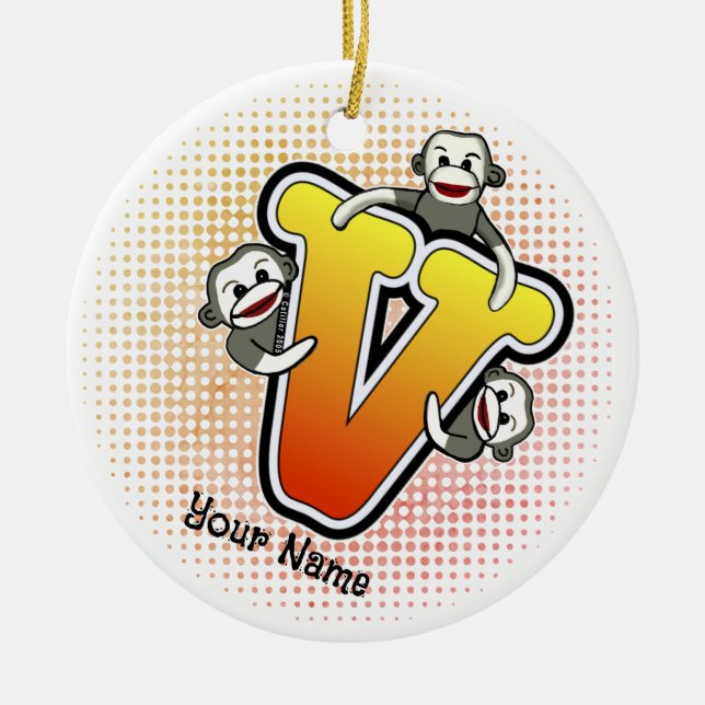Ornamento De Cerâmica Macaco de Meia com Monograma V  (Frente)
