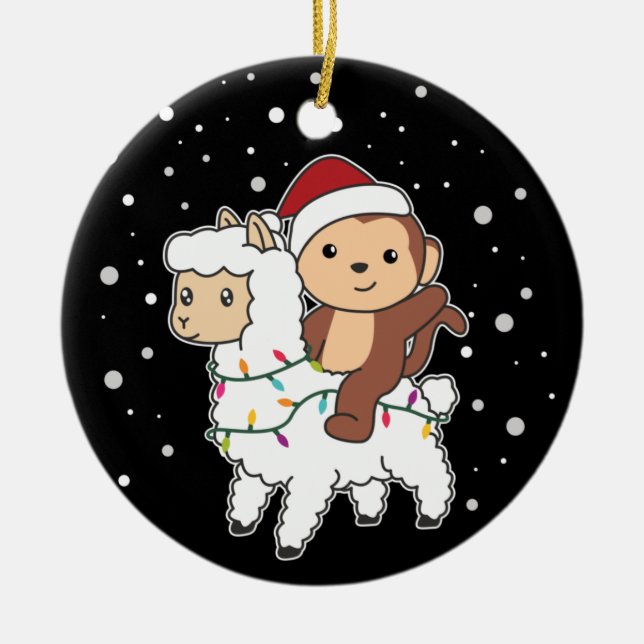 Ornamento De Cerâmica Macaco Lama Natal Neve Inverno Animais Cerâmicos (Frente)