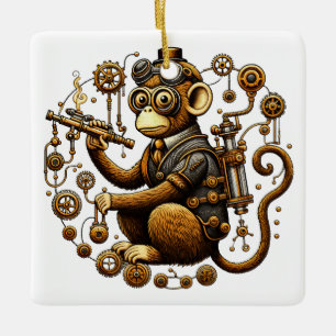 Ornamento De Cerâmica Macaco Steampunk com Ray Gun