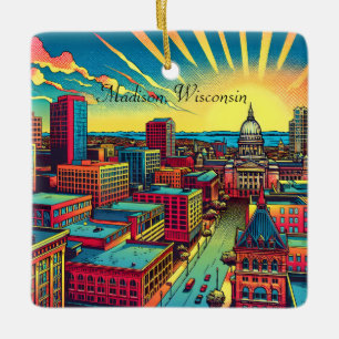 Ornamento De Cerâmica Madison, Wisconsin Skyline no Sunset