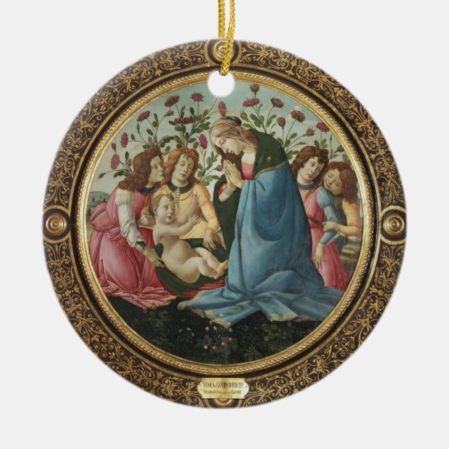 Ornamento De Cerâmica Madona e Menino Botticelli 4 Anjos Rosas Vermelhas (Frente)
