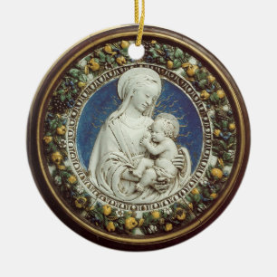 Ornamento De Cerâmica MADONNA COM FILHO Azul redondo
