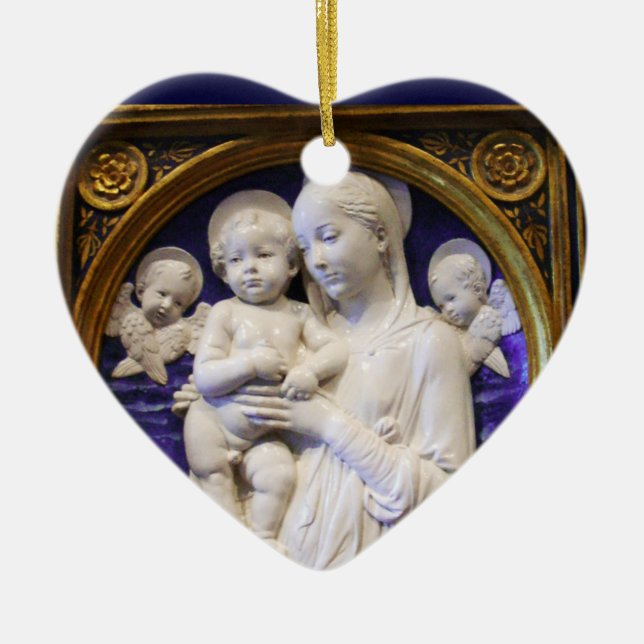 Ornamento De Cerâmica MADONNA COM FILHO E ANGELS Coração Azul (Frente)