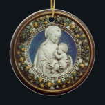 Ornamento De Cerâmica MADONNA COM FILHO, Sapphire Azul redondo<br><div class="desc">Elegante e clássico Renaissance fine art,  obra-prima de Bottega della Robbia ( Florence - Itália ) em cores brancas,  amarelas,  castanhas,  azuis,  verdes com uma pedra brilhante 3d Gem .</div>