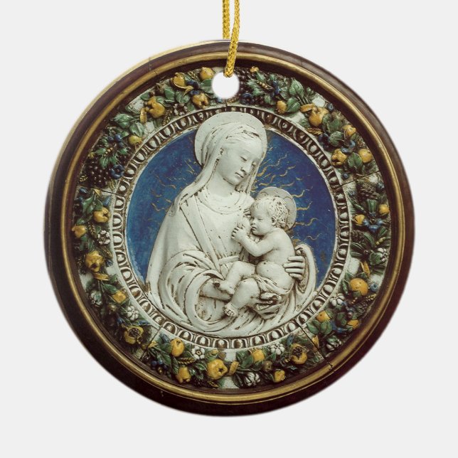Ornamento De Cerâmica MADONNA COM FILHO, Sapphire Azul redondo (Frente)