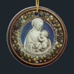 Ornamento De Cerâmica MADONNA COM safira azul redonda da CRIANÇA<br><div class="desc">Belas artes elegantes e clássicas do renascimento,  obra-prima de Bottega della Robbia (Florença - Italia) nas cores brancas,  amarelas,  marrons,  azuis,  verdes com uma pedra de gema 3d brilhante.</div>