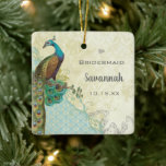Ornamento De Cerâmica Madrinha de casamento de pássaros de Peacock Vinta<br><div class="desc">Aqua,  Azul,  Teal,  Cobre,  Castanho,  Tan,  Beige e Verde com Fundo de Lace de Pergaminho Distante Faux. Madrinha de casamento de pássaros Peacock Vintage Bridesmaid. Presente perfeito para as madrinhas dos 20,  Gatsby,  Medieval,  Renascentista,  Pássaro de Amor Vintage,  Pássaro de Amor,  Pássaro,  Tema de Casamento Whimsical.</div>
