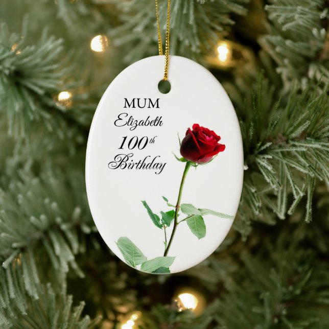 Ornamento De Cerâmica Mãe 100ª Rosa vermelha de aniversário Personalizad (Árvore)