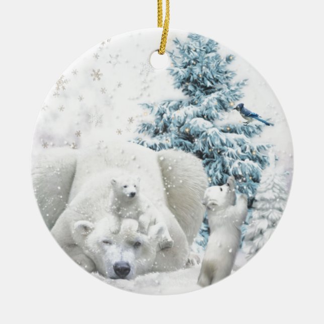 Ornamento De Cerâmica Mãe de Urso Polar Cansado com Bebês (Frente)