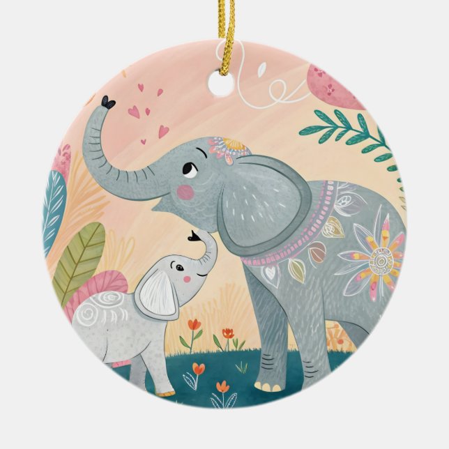 Ornamento De Cerâmica Mãe e Bebê Elefante (Frente)
