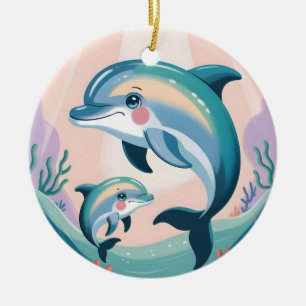 Ornamento De Cerâmica Mãe e Bebê Golfinho