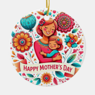 Ornamento De Cerâmica Mãe e Filha Abraço Floral Dia das Mães