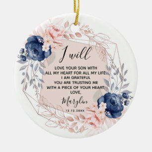 Ornamento De Cerâmica Mãe Personalizada do Pêssego e Azul