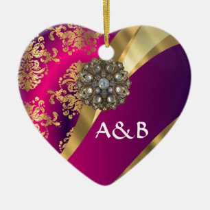 Ornamento De Cerâmica Magenta rosa quente e damasco dourado