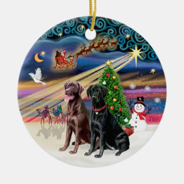Ornamento De Cerâmica Magia de Natal - Labradores (preto + chocolate) (Frente)
