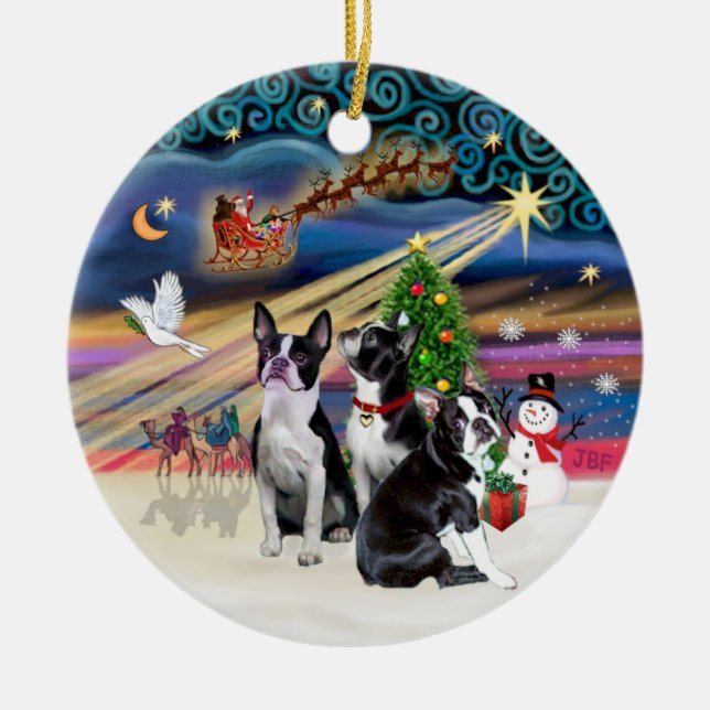 Ornamento De Cerâmica Magia do Natal - Boston Terriers (três) (Frente)