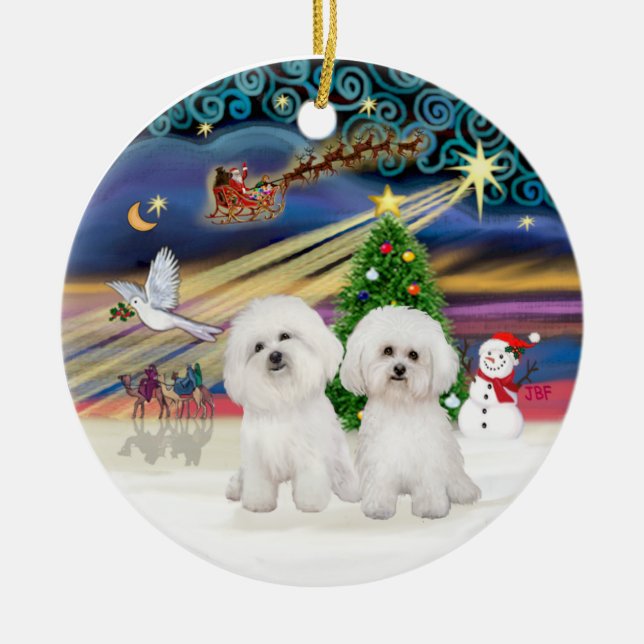 Ornamento De Cerâmica Magia do Natal - Duas Frise do Bichon (Frente)