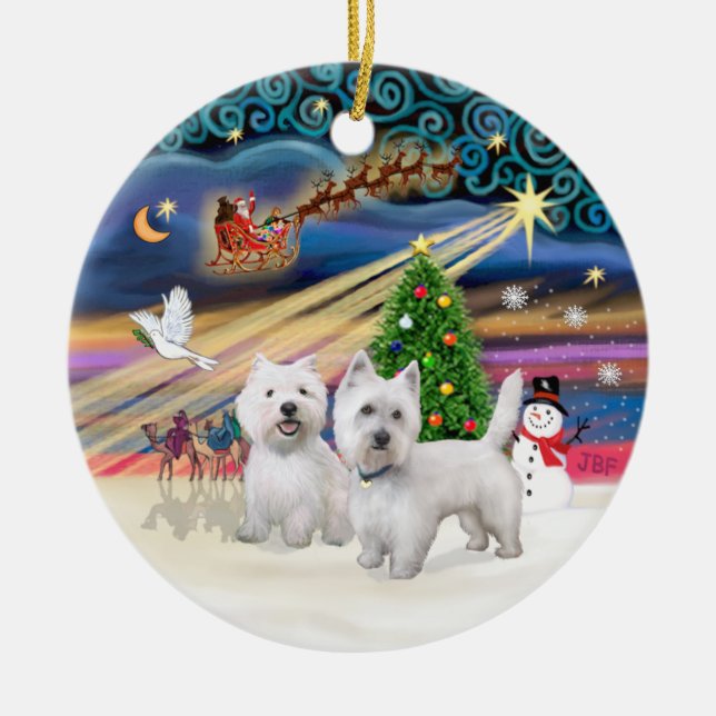 Ornamento De Cerâmica Magia do Natal - Duas Westies (Frente)