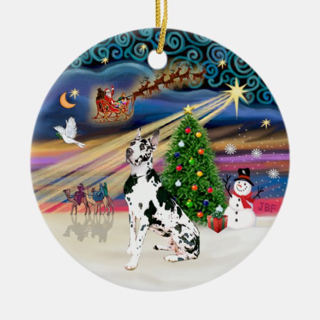 Ornamento De Cerâmica Magia do Natal - Harlequin Great Dane (Frente)