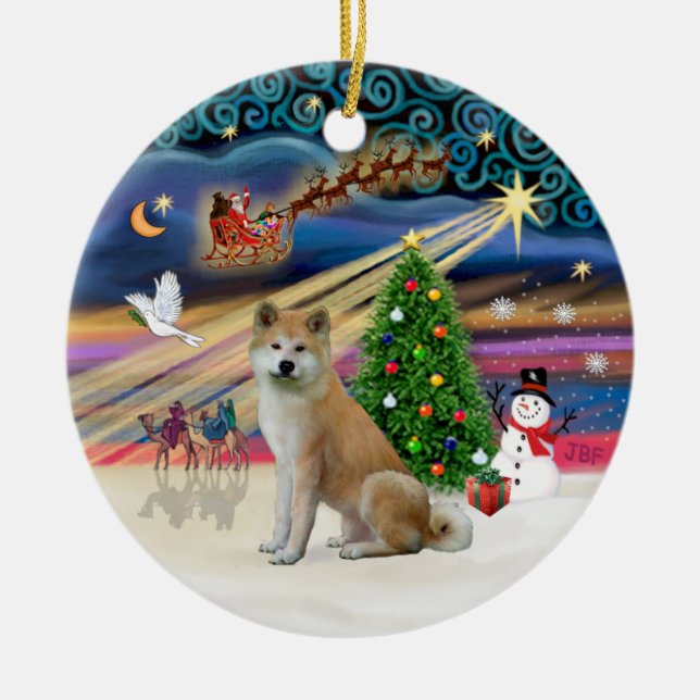 Ornamento De Cerâmica Magia do Xmas - Akita Inu (Frente)