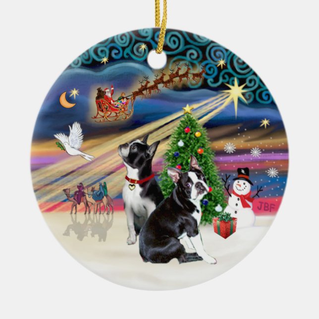 Ornamento De Cerâmica Magia Xmas - Boston Terriers (dois) (Frente)