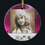 Ornamento De Cerâmica MAGIC SWIRLS PHOTO TEMPLATE , Fuchsia Pink Ametims<br><div class="desc">Rodovalho branco e preto elegante com uma Gemstone 3d brilhante</div>