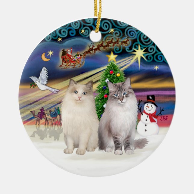 Ornamento De Cerâmica Mágica de Natal - Dois gatos Ragdols (Frente)
