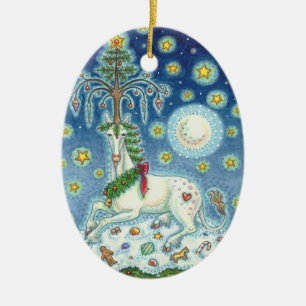 Ornamento De Cerâmica MÁGICA de um UNICÓRNIO do NATAL, Oval do ORNAMEN