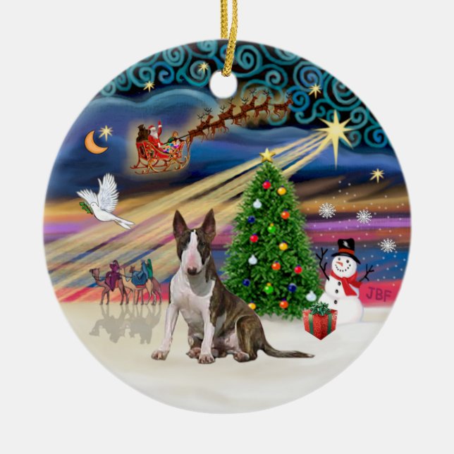 Ornamento De Cerâmica Mágica do Natal - Bull Terrier (brindle-white0 (Frente)