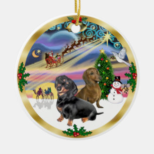 Ornamento De Cerâmica Mágica do Natal - Dois Dachshounds (bl+rd)