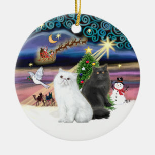 Ornamento De Cerâmica Mágica do Natal - Dois Gatos Persa (branco + preto