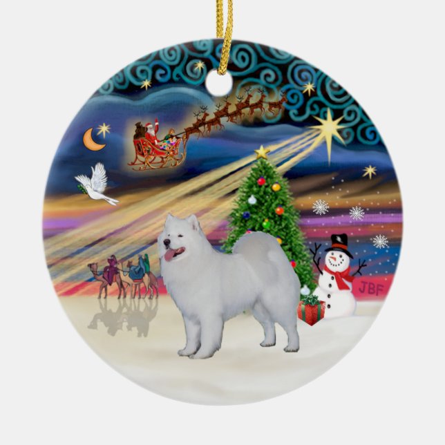 Ornamento De Cerâmica Mágica do Natal - Samoyed (stand) (Frente)