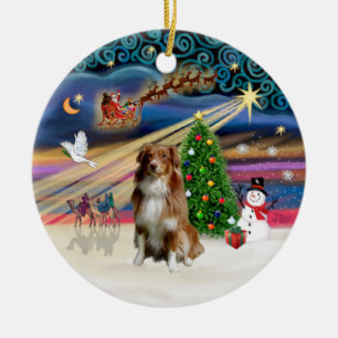 Ornamento De Cerâmica Mágica do Xmas - Aussie Shepherd (branco-vermelho 