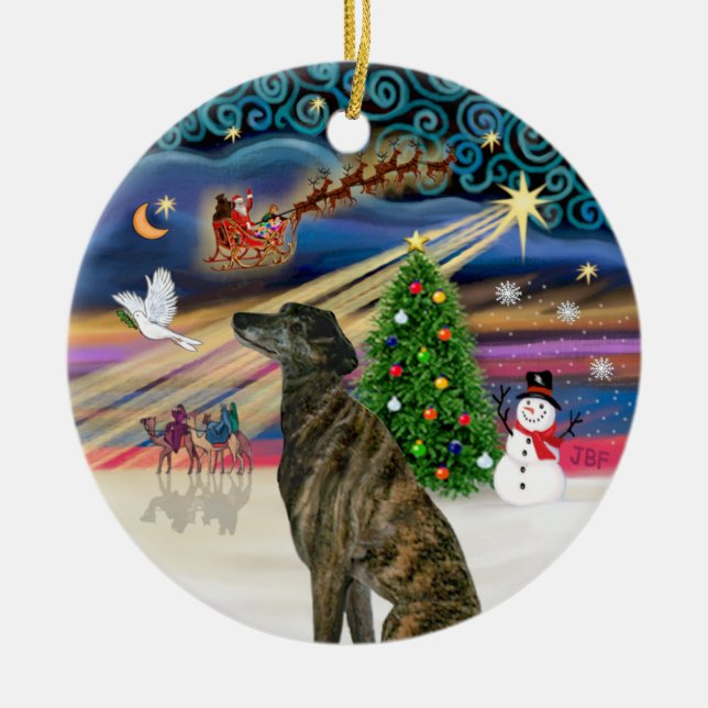 Ornamento De Cerâmica Mágica do Xmas - Brindle Greyhound (Frente)