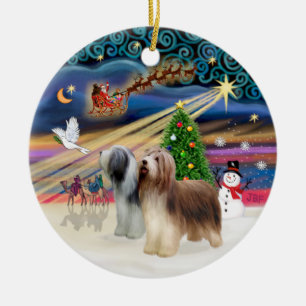 Ornamento De Cerâmica Mágica do Xmas - Collie com barba (dois em pé)